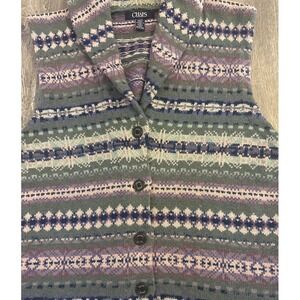 Vintage Chaps Fair Isle Knit Vest Women L G Shawl Collar Button Front Sweater‎